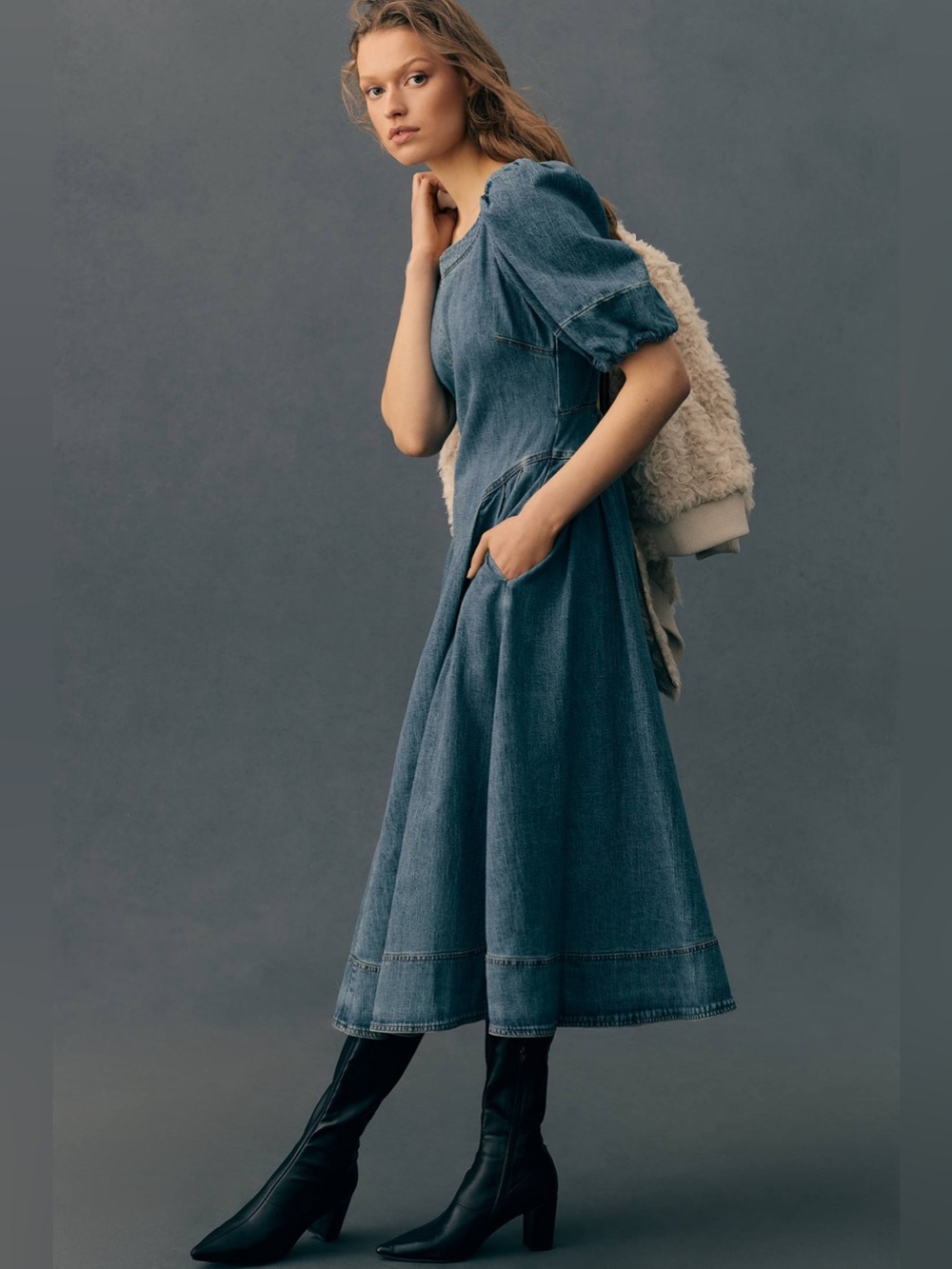 Pilcro puff sleeve seamed denim midi dress blue size medium - Picture 2 of 13